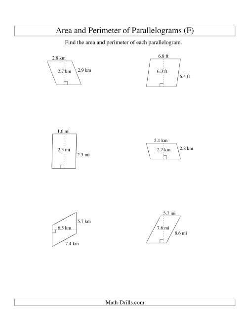 The Area and Perimeter of Parallelograms (up to 1 decimal place; range 1-9) (F) Math Worksheet