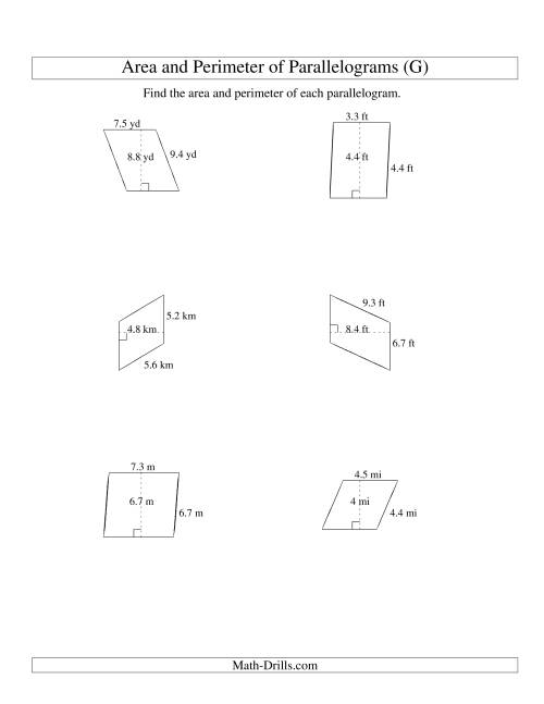 The Area and Perimeter of Parallelograms (up to 1 decimal place; range 1-9) (G) Math Worksheet