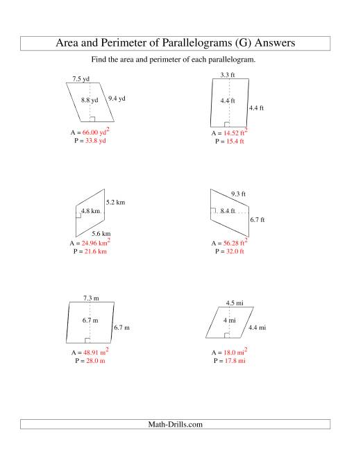 The Area and Perimeter of Parallelograms (up to 1 decimal place; range 1-9) (G) Math Worksheet Page 2
