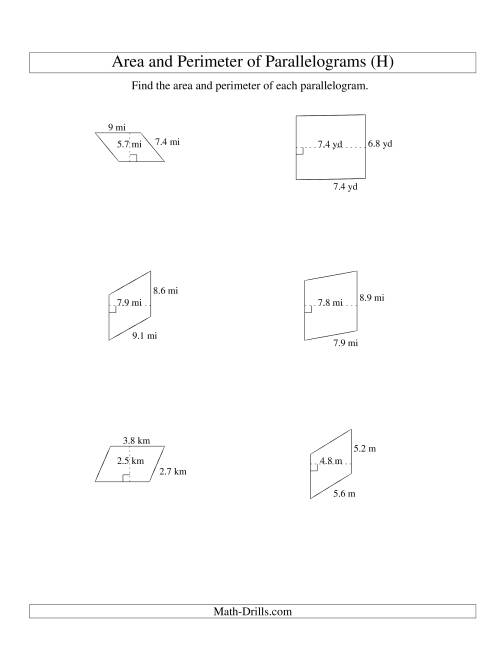 The Area and Perimeter of Parallelograms (up to 1 decimal place; range 1-9) (H) Math Worksheet