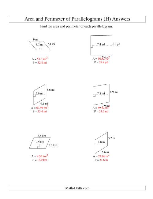 The Area and Perimeter of Parallelograms (up to 1 decimal place; range 1-9) (H) Math Worksheet Page 2