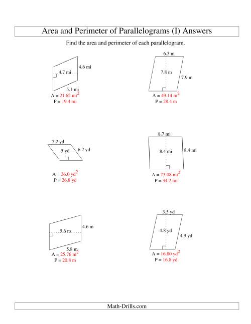 The Area and Perimeter of Parallelograms (up to 1 decimal place; range 1-9) (I) Math Worksheet Page 2