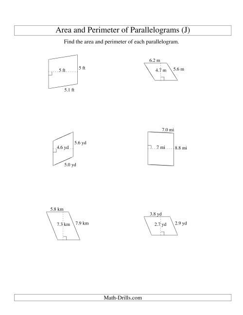 The Area and Perimeter of Parallelograms (up to 1 decimal place; range 1-9) (J) Math Worksheet
