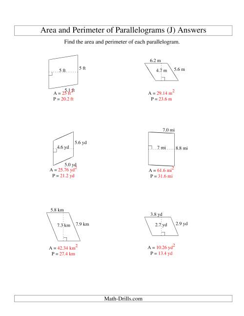 The Area and Perimeter of Parallelograms (up to 1 decimal place; range 1-9) (J) Math Worksheet Page 2
