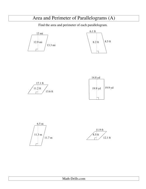 The Area and Perimeter of Parallelograms (up to 1 decimal place; range 5-20) (A) Math Worksheet