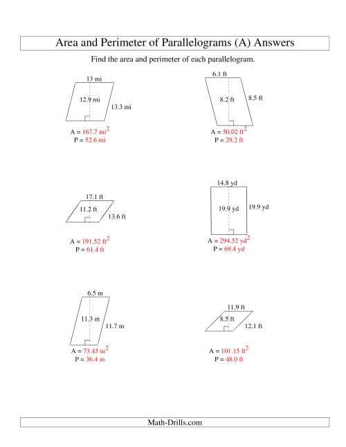 The Area and Perimeter of Parallelograms (up to 1 decimal place; range 5-20) (A) Math Worksheet Page 2