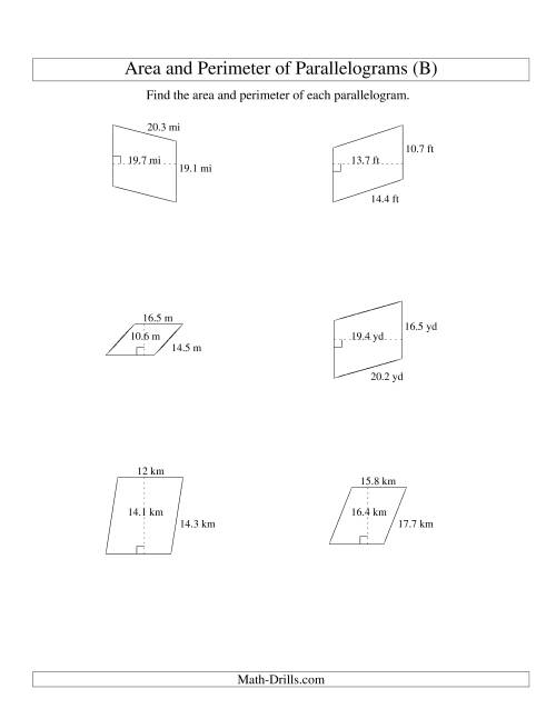 The Area and Perimeter of Parallelograms (up to 1 decimal place; range 5-20) (B) Math Worksheet