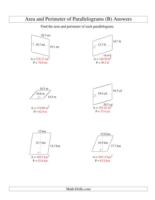 The Area and Perimeter of Parallelograms (up to 1 decimal place; range 5-20) (B) Math Worksheet Page 2