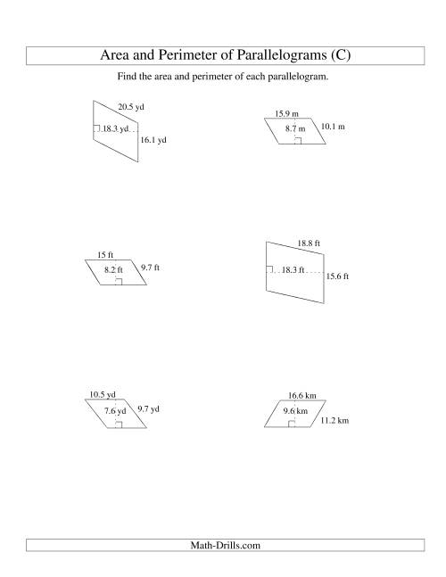 The Area and Perimeter of Parallelograms (up to 1 decimal place; range 5-20) (C) Math Worksheet