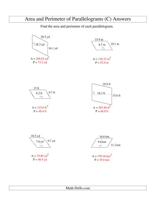 The Area and Perimeter of Parallelograms (up to 1 decimal place; range 5-20) (C) Math Worksheet Page 2