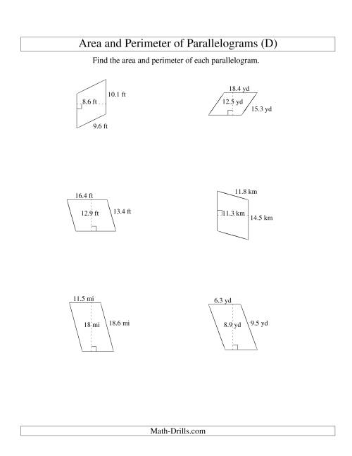 The Area and Perimeter of Parallelograms (up to 1 decimal place; range 5-20) (D) Math Worksheet