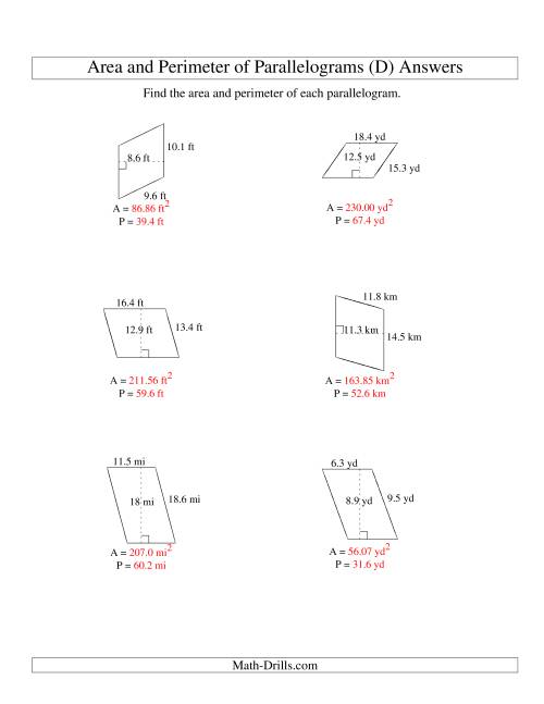 The Area and Perimeter of Parallelograms (up to 1 decimal place; range 5-20) (D) Math Worksheet Page 2
