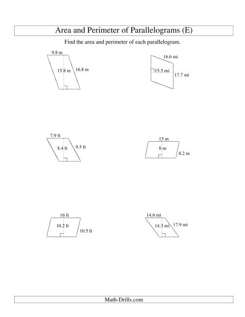 The Area and Perimeter of Parallelograms (up to 1 decimal place; range 5-20) (E) Math Worksheet