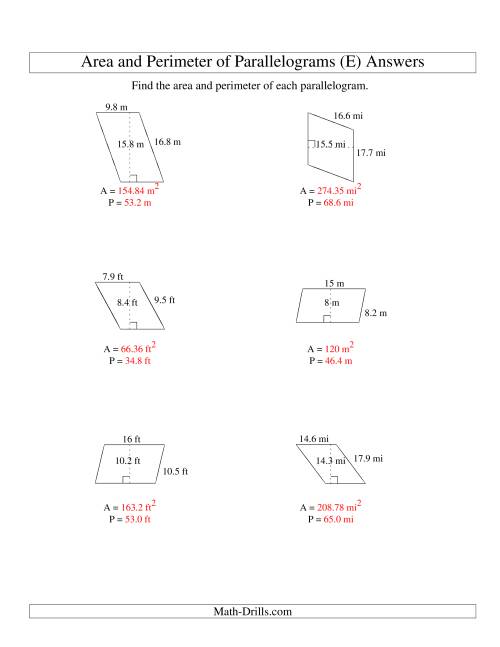 The Area and Perimeter of Parallelograms (up to 1 decimal place; range 5-20) (E) Math Worksheet Page 2