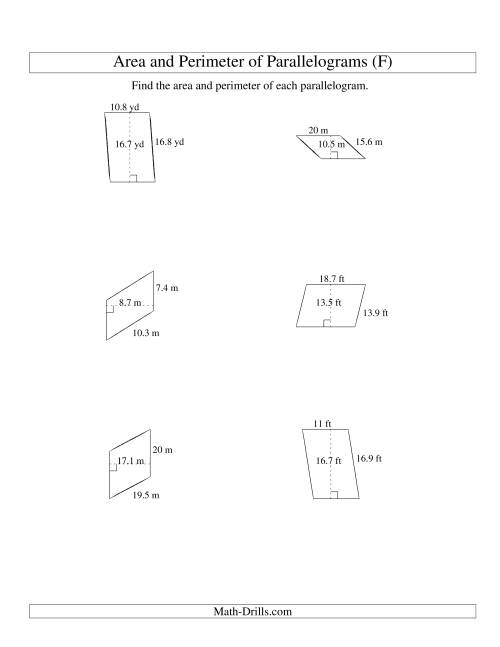 The Area and Perimeter of Parallelograms (up to 1 decimal place; range 5-20) (F) Math Worksheet