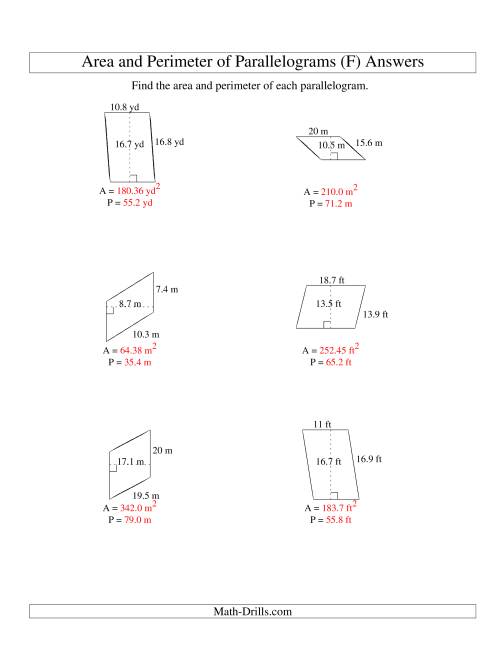 The Area and Perimeter of Parallelograms (up to 1 decimal place; range 5-20) (F) Math Worksheet Page 2