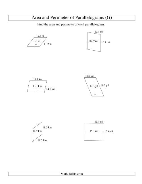 The Area and Perimeter of Parallelograms (up to 1 decimal place; range 5-20) (G) Math Worksheet