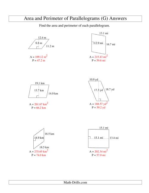 The Area and Perimeter of Parallelograms (up to 1 decimal place; range 5-20) (G) Math Worksheet Page 2