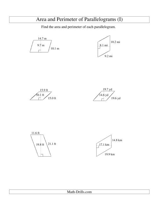 The Area and Perimeter of Parallelograms (up to 1 decimal place; range 5-20) (I) Math Worksheet