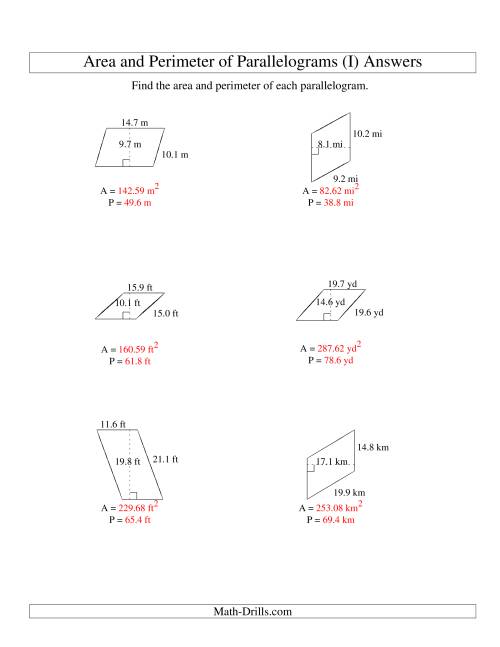 The Area and Perimeter of Parallelograms (up to 1 decimal place; range 5-20) (I) Math Worksheet Page 2