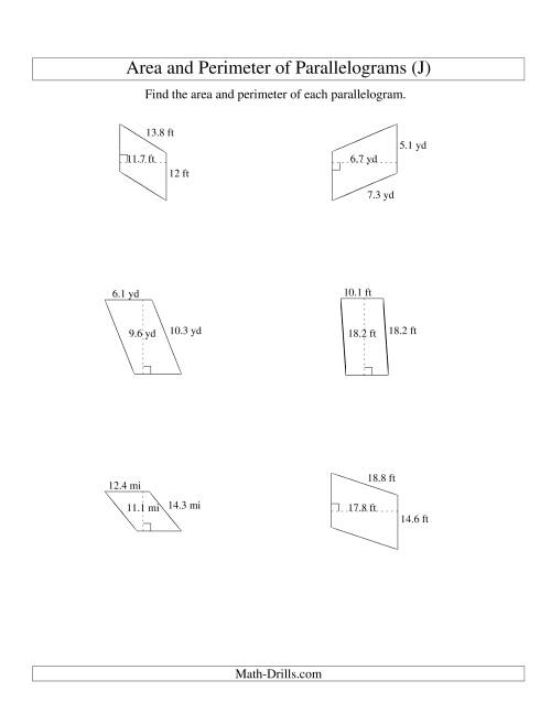 The Area and Perimeter of Parallelograms (up to 1 decimal place; range 5-20) (J) Math Worksheet