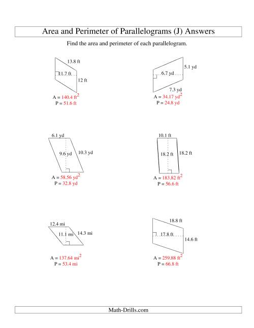 The Area and Perimeter of Parallelograms (up to 1 decimal place; range 5-20) (J) Math Worksheet Page 2
