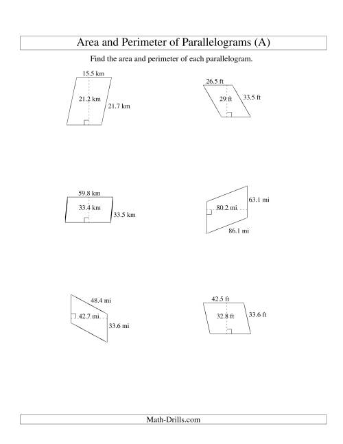 The Area and Perimeter of Parallelograms (up to 1 decimal place; range 10-99) (A) Math Worksheet
