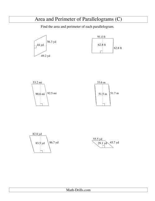The Area and Perimeter of Parallelograms (up to 1 decimal place; range 10-99) (C) Math Worksheet