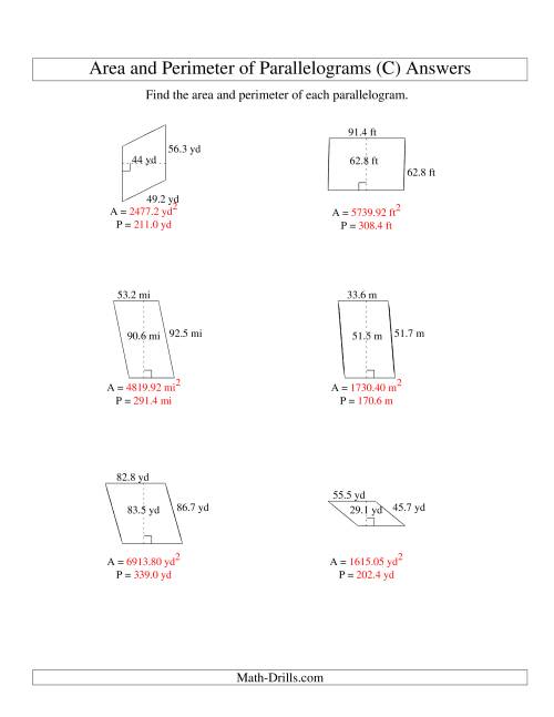The Area and Perimeter of Parallelograms (up to 1 decimal place; range 10-99) (C) Math Worksheet Page 2