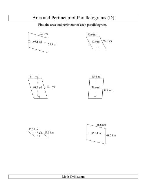 The Area and Perimeter of Parallelograms (up to 1 decimal place; range 10-99) (D) Math Worksheet