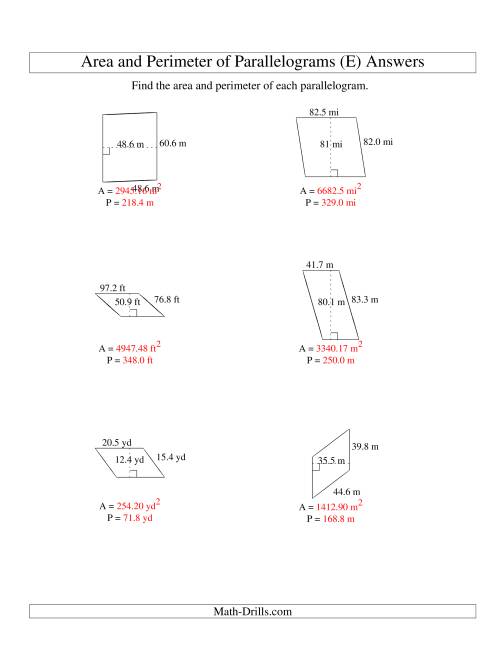 The Area and Perimeter of Parallelograms (up to 1 decimal place; range 10-99) (E) Math Worksheet Page 2