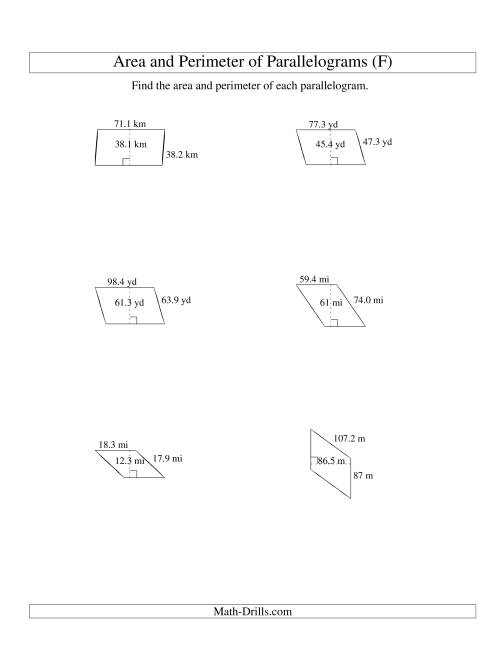 The Area and Perimeter of Parallelograms (up to 1 decimal place; range 10-99) (F) Math Worksheet