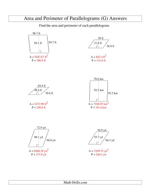 The Area and Perimeter of Parallelograms (up to 1 decimal place; range 10-99) (G) Math Worksheet Page 2