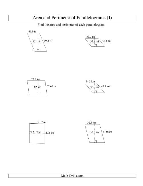 The Area and Perimeter of Parallelograms (up to 1 decimal place; range 10-99) (J) Math Worksheet
