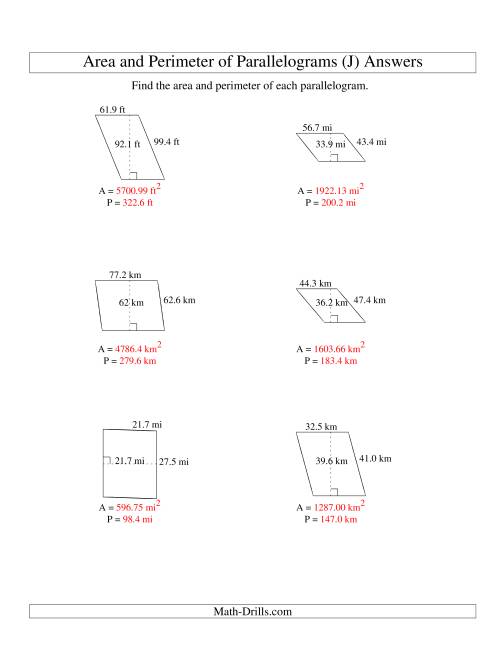 The Area and Perimeter of Parallelograms (up to 1 decimal place; range 10-99) (J) Math Worksheet Page 2