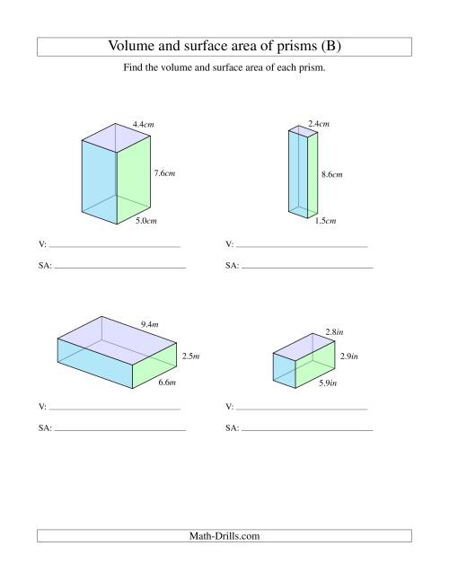 The Volume and Surface Area of Rectangular Prisms with Decimal Numbers (B) Math Worksheet