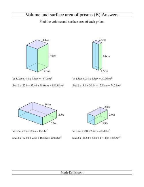 The Volume and Surface Area of Rectangular Prisms with Decimal Numbers (B) Math Worksheet Page 2