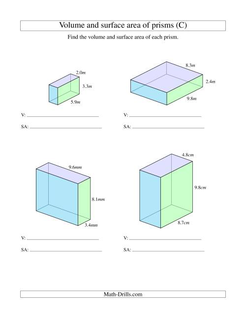 The Volume and Surface Area of Rectangular Prisms with Decimal Numbers (C) Math Worksheet