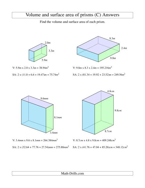 The Volume and Surface Area of Rectangular Prisms with Decimal Numbers (C) Math Worksheet Page 2