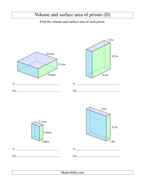 The Volume and Surface Area of Rectangular Prisms with Decimal Numbers (D) Math Worksheet
