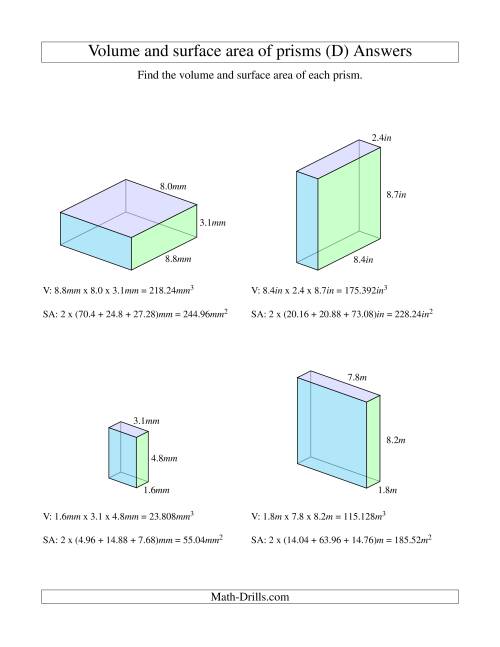 The Volume and Surface Area of Rectangular Prisms with Decimal Numbers (D) Math Worksheet Page 2