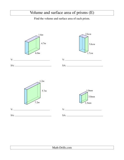The Volume and Surface Area of Rectangular Prisms with Decimal Numbers (E) Math Worksheet