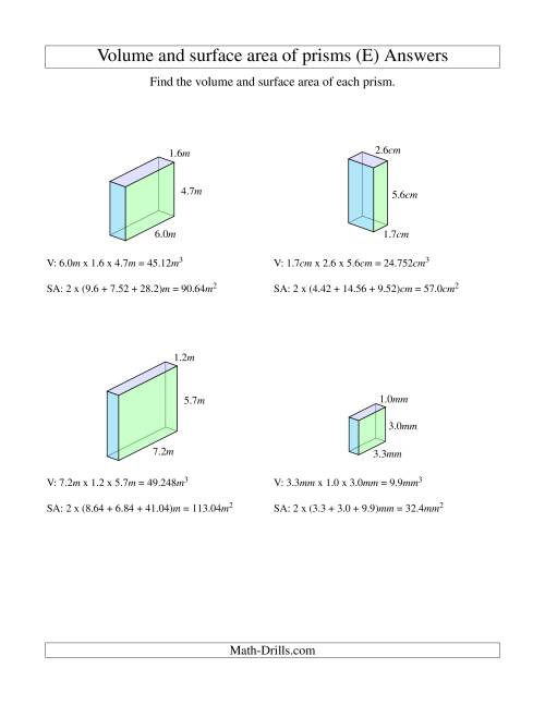 The Volume and Surface Area of Rectangular Prisms with Decimal Numbers (E) Math Worksheet Page 2