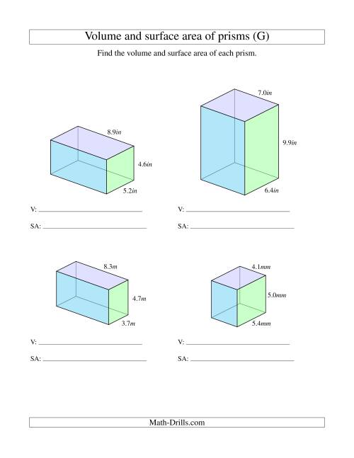 The Volume and Surface Area of Rectangular Prisms with Decimal Numbers (G) Math Worksheet