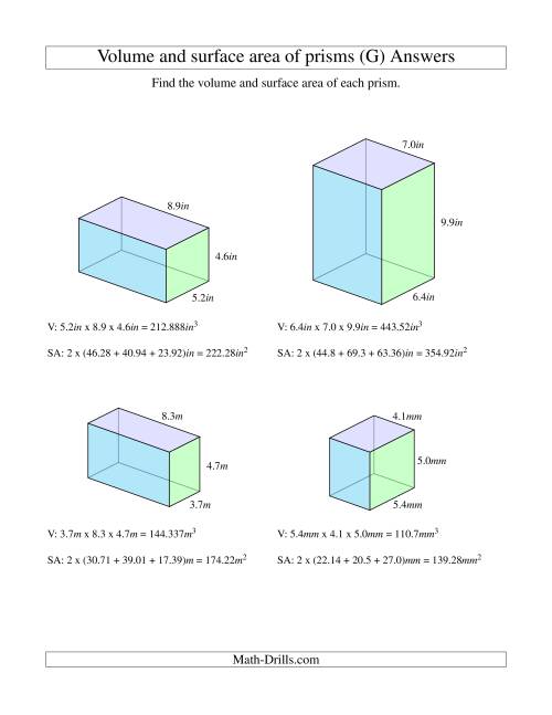 The Volume and Surface Area of Rectangular Prisms with Decimal Numbers (G) Math Worksheet Page 2