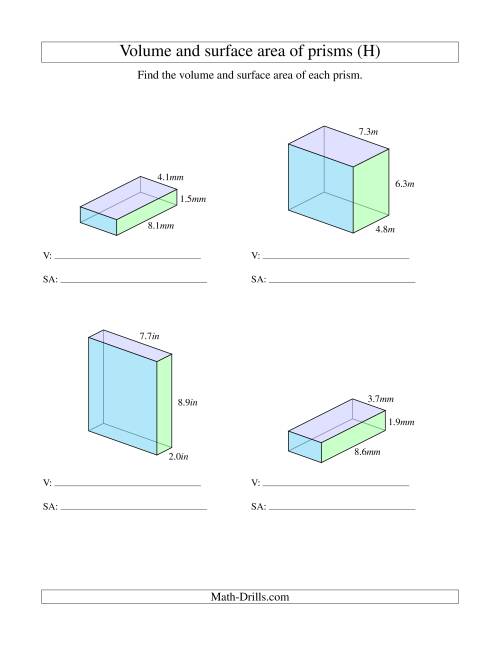 The Volume and Surface Area of Rectangular Prisms with Decimal Numbers (H) Math Worksheet