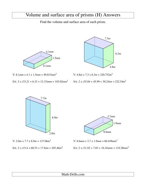 The Volume and Surface Area of Rectangular Prisms with Decimal Numbers (H) Math Worksheet Page 2
