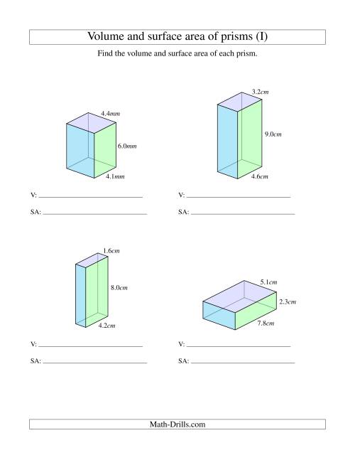 The Volume and Surface Area of Rectangular Prisms with Decimal Numbers (I) Math Worksheet