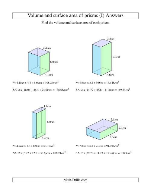The Volume and Surface Area of Rectangular Prisms with Decimal Numbers (I) Math Worksheet Page 2