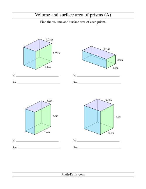 The Volume and Surface Area of Rectangular Prisms with Decimal Numbers (All) Math Worksheet